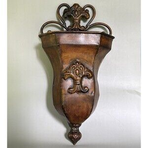 Vintage Fleur De Lis Metal Wall Pocket Planter French Country Tuscan Decor 14.5”